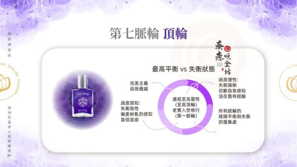 第七脈輪頂輪失衡狀態包含:過度理性、過度感知、完美主義自我優越