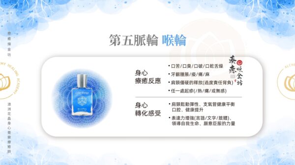 透過身心覺察釋放第五脈輪的身體印記,補充對應喉輪的身心能量,將會釋放身體印記、療癒兒時創傷。