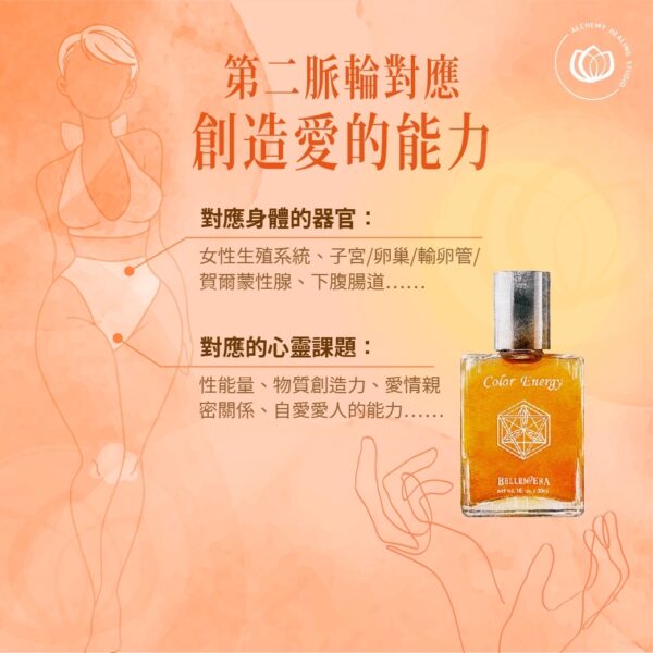 第二脈輪對應創造愛的能力,對應的心靈課題:性能量、物質創造力、愛情親密關係、自愛愛人的能力。